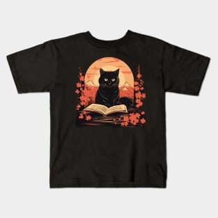 Japanese Floral Black Cat And Book Catshirt Kids T-Shirt